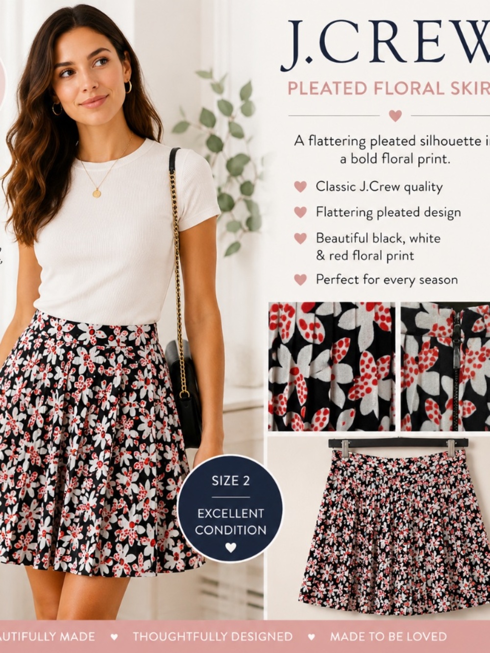 J.Crew Pleated Floral Skirt Size 2 Black White Red Midi Knee Length